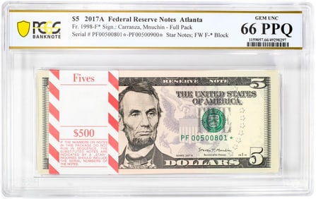 266) Pack of 2017A $5 Federal Reserve STAR Notes Atlanta Fr.1998-F* PCGS Gem UNC 66PPQ