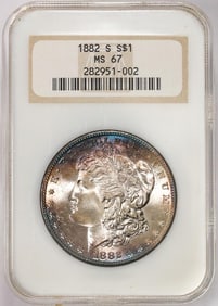 268) 1882-S $1 Morgan Silver Dollar Coin NGC MS67 Old Fatty Holder Amazing Toning