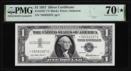 269) 1957 $1 Silver Certificate Star Note Fr.1619* PMG Seventy Gem Uncirculated 70EPQ*