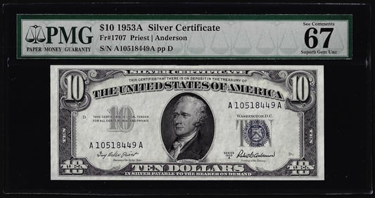 276) 1953A $10 Silver Certificate Note Fr.1707 PMG Superb Gem Uncirculated 67EPQ