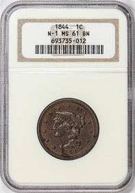 281) 1844 N-1 Coronet Head Large Cent Coin NGC MS61BN