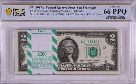 282) Pack 2017A $2 Federal Reserve STAR Notes San Francisco Fr.1941-L* PCGS Gem UNC 66PPQ