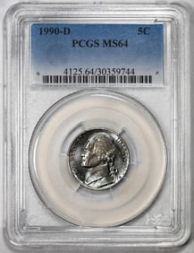 284) 1990-D Jefferson Nickel Coin PCGS MS64