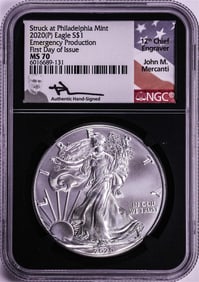 287) 2020(P) Philadelphia $1 American Silver Eagle Coin NGC MS70 Mercanti Signed FDOI