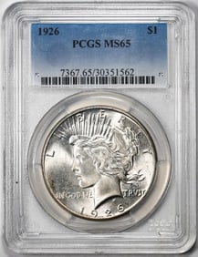 294) 1926 $1 Peace Silver Dollar Coin PCGS MS65