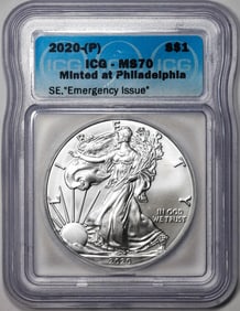 297) 2020-(P) $1 American Silver Eagle Coin ICG MS70 Emergency Issue Philadelphia Mint