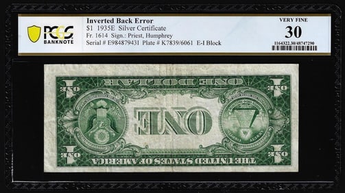 298) 1935E $1 Silver Certificate Note Inverted Back Error Fr.1614 PCGS Very Fine 30