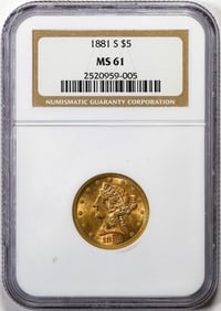 299) 1881-S $5 Liberty Head Half Eagle Gold Coin NGC MS61