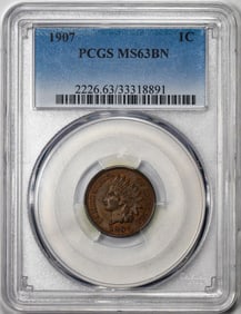 303) 1907 Indian Cent Coin PCGS MS63BN