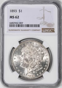305) 1893 $1 Morgan Silver Dollar Coin NGC MS62