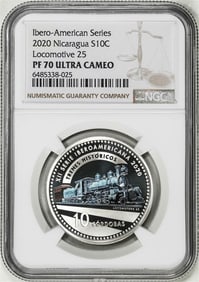 308) 2020 Nicaragua 10 Cordobas Locomotive 25 Trains Silver Coin NGC PF70 Ultra Cameo