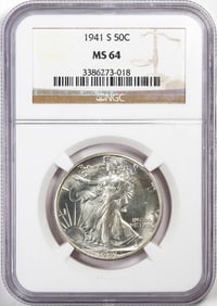 315) 1941-S Walking Liberty Half Dollar Coin NGC MS64