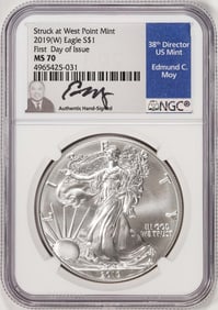 322) 2019(W) $1 American Silver Eagle Coin NGC MS70 FDOI Moy Signature West Point Mint