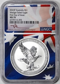 328) 2023P Australia $1 Wedge Tailed Eagle Silver Coin NGC MS70 FDOI Flag Core Mercanti