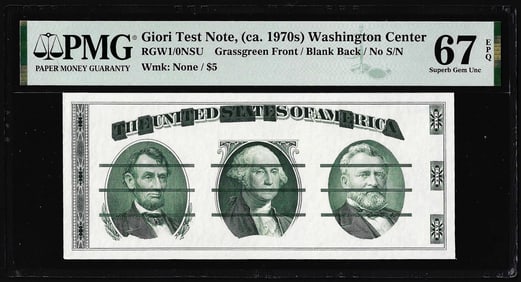 335) Circa 1970's Washington Center Giori Test Note PMG Superb Gem Uncirculated 67EPQ