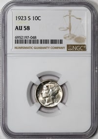 336) 1923-S Mercury Dime Coin NGC AU58