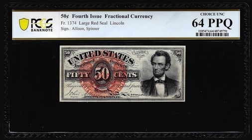 341) 1863 Fourth Issue 50 Cents Lincoln Fractional Note Fr.1374 PCGS Choice Unc 64PPQ