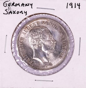 343) 1914 German Saxony 5 Mark Silver Coin