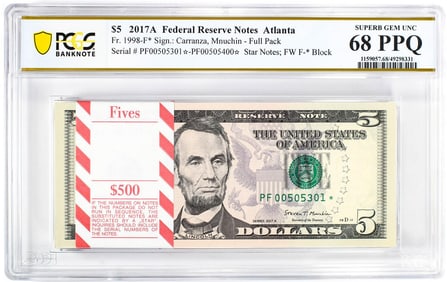 344) Pack 2017A $5 Federal Reserve STAR Notes Atlanta Fr.1998-F* PCGS Superb Gem UNC 68PPQ