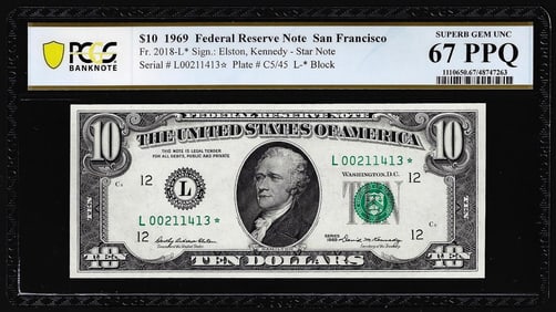 352) 1969 $10 Federal Reserve STAR Note Fr.2018-L* PCGS Superb Gem Unc 67PPQ Top Pop