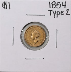 356) 1854 Type 2 $1 Indian Princess Head Gold Dollar Coin