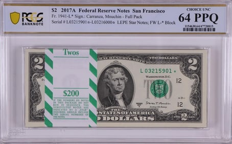 367) Pack 2017A $2 Federal Reserve STAR Notes SF Fr.1941-L* PCGS Choice Uncirculated 64PPQ