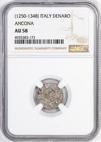 368) 1250-1348 Italy Denaro Ancona Ancient Coin NGC AU58