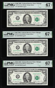 376) (3) Consecutive 1985 $100 Federal Reserve Notes Fr.2171-G PMG Superb Gem Unc 67EPQ