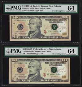 383) (2) Consec. 2004A $10 Federal Reserve Over Inking Error Notes PMG Ch. Uncirculated 64
