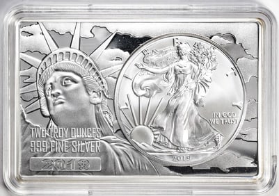384) 2019 $1 American Silver Eagle Coin & 2oz Silver Bar Set