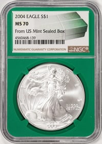 397) 2004 $1 American Silver Eagle Coin NGC MS70 From US Mint Sealed Box Green Core