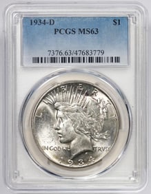 412) 1934-D $1 Peace Silver Dollar Coin PCGS MS63