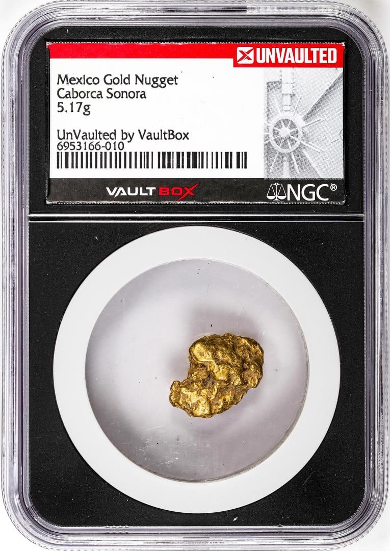 413) 5.17 Gram Caborca Sonora Mexico Gold Nugget NGC Vaultbox Unvaulted: One 5.17 Gram Caborca Sonora Mexico Gold Nugget NGC Vaultbox Unvaulted. NGC Certified.