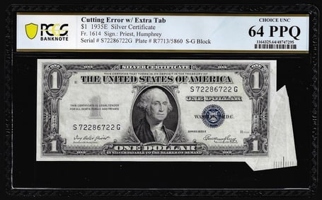 414) 1935E $1 Silver Certificate Note Cutting Error w/Tab Fr.1614 PCGS Choice Unc 64PPQ