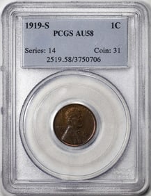 418) 1919-S Lincoln Wheat Cent Coin PCGS AU58