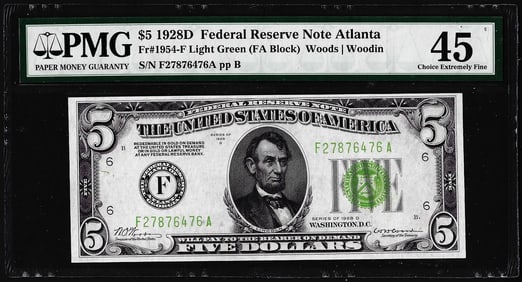 421) 1928D $5 Federal Reserve Note Atlanta Fr.1954-F PMG Choice Extremely Fine 45