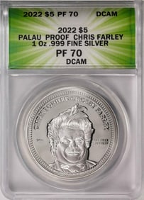 423) 2022 $5 Palau Proof Chris Farley Silver Coin ANACS PF70DCAM