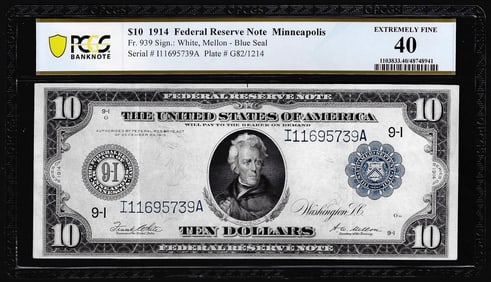 433) 1914 $10 Federal Reserve Note Minneapolis Fr.939 PCGS Extremely Fine 40
