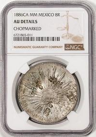434) 1886CA MM Mexico 8 Reales Silver Coin NGC AU Details Chopmarked