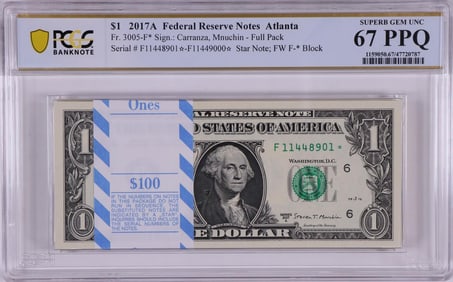 436) Pack 2017A $1 Federal Reserve STAR Notes Atlanta Fr.3005-F* PCGS Superb Gem UNC 67PPQ