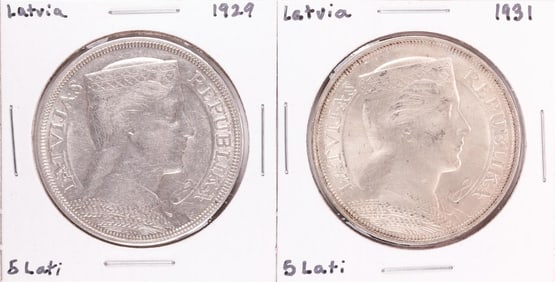 451) Lot of 1929 & 1931 Latvia 5 Lati Silver Coins