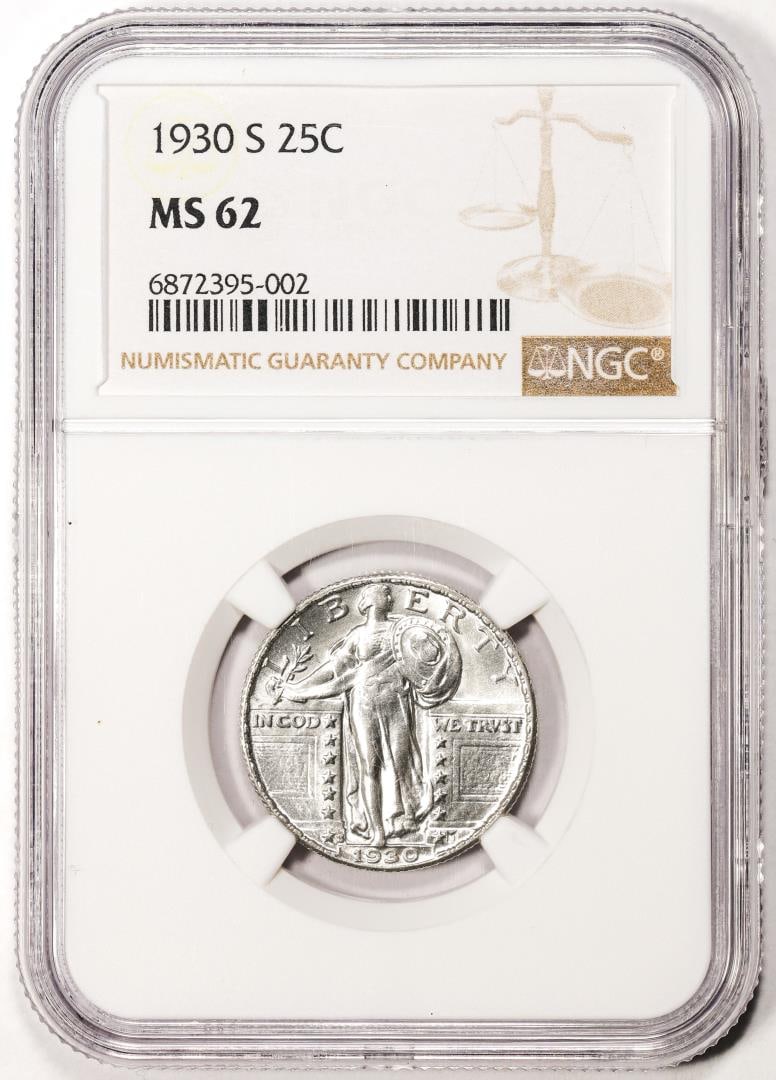 454) 1930-S Standing Liberty Quarter Coin NGC MS62: One 1930-S Standing Liberty Quarter Coin NGC MS62. NGC Certified.