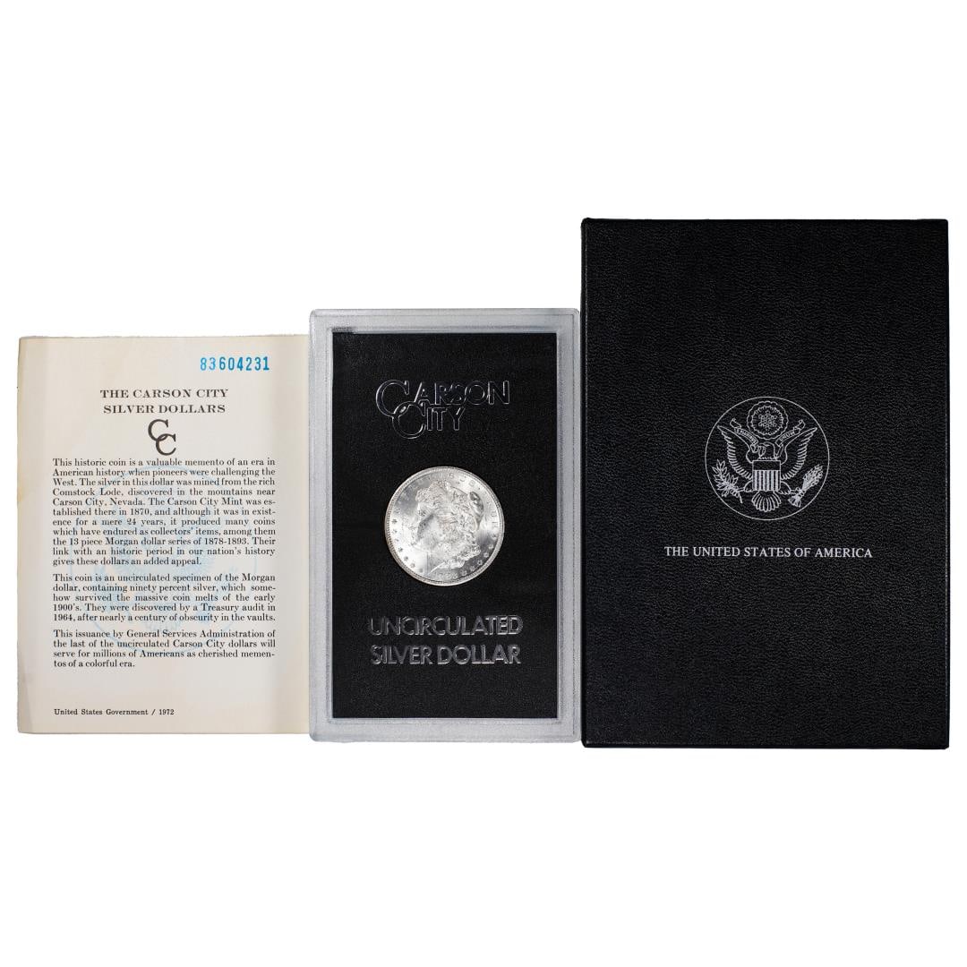 457) 1883-CC $1 Morgan Silver Dollar Coin GSA Hoard Uncirculated w/Box & COA: One 1883-CC $1 Morgan Silver Dollar Coin GSA Hoard Uncirculated w/Box & COA.