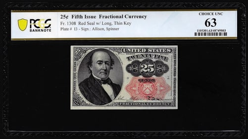458) 1874 Fifth Issue Twenty-Five Cents Fractional Currency Note Fr.1308 PCGS Choice Unc 63