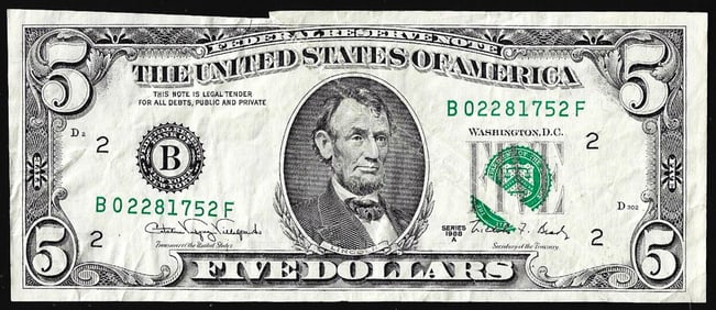 464) 1988A $5 Federal Reserve Note New York Gutter Fold Error