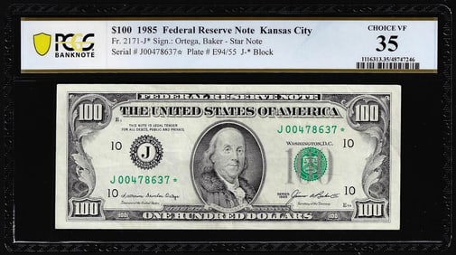 467) 1985 $100 Federal Reserve STAR Note Kansas City Fr.2171-J* PCGS Choice VF 35