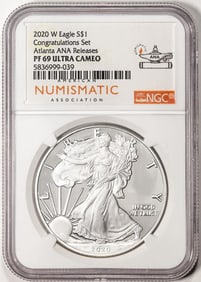 472) 2020-W $1 Proof American Silver Eagle Coin NGC PF69 Ultra Cameo Congratulations ANA