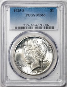 476) 1925-S $1 Peace Silver Dollar Coin PCGS MS63