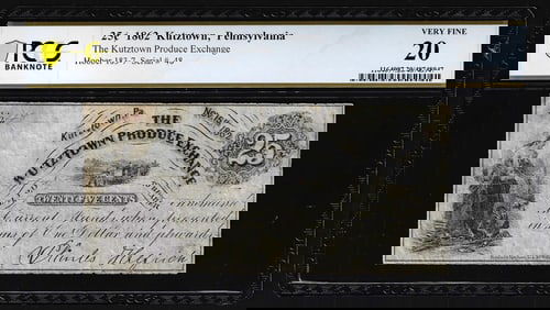480) 1862 Twenty-Five Cents Kutztown, PA Produce Exchange Obsolete Note PCGS Very Fine 20