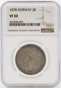 490) 1878 Norway 2 Kroner Silver Coin NGC VF30